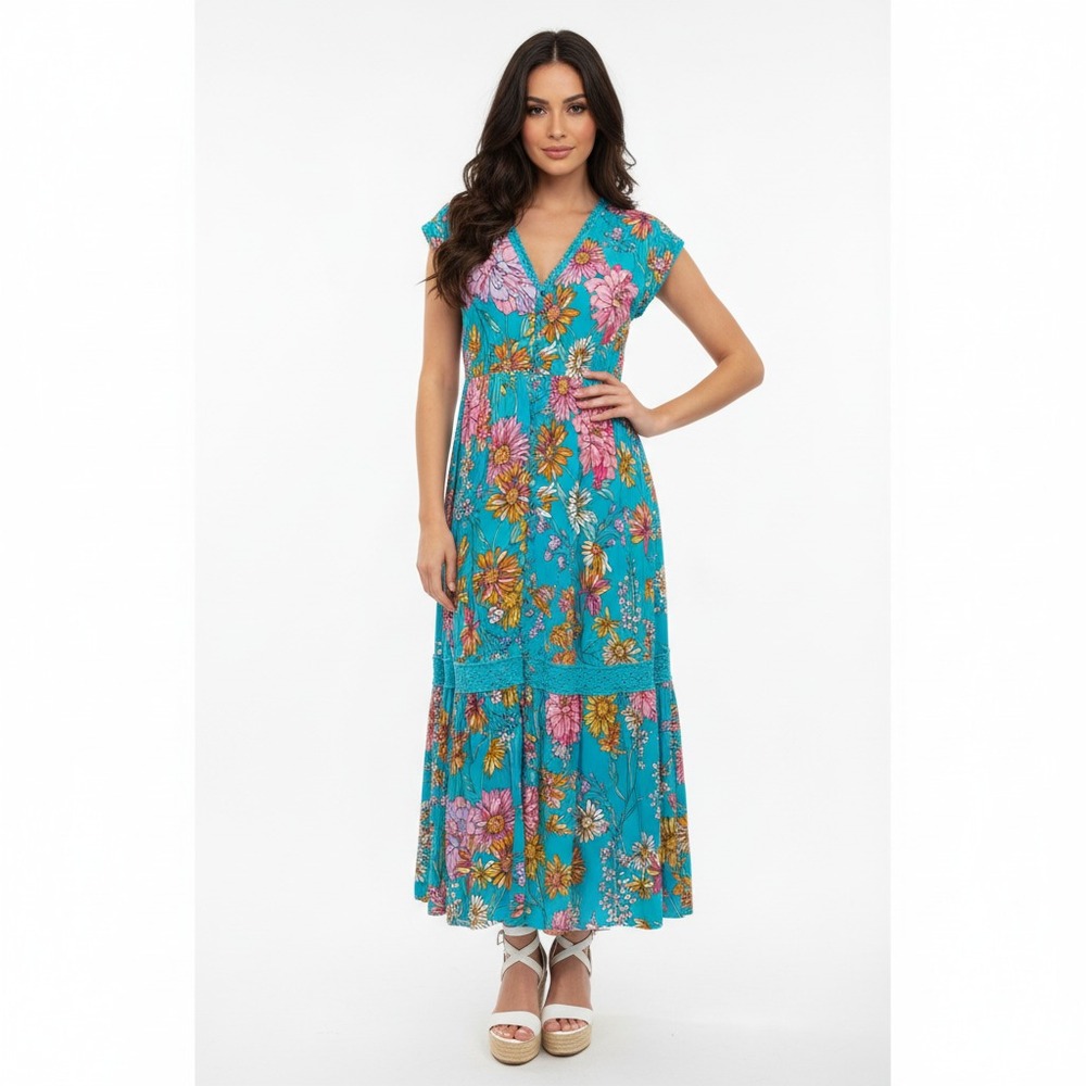 Jaase Maxi Dress Womens XS Blue Floral Smocked Crochet Trim Boho Tiered Coquette